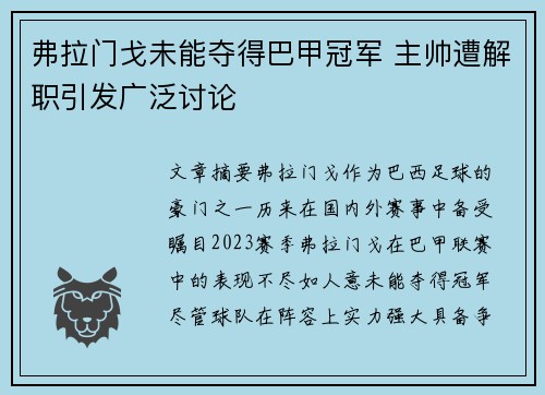 弗拉门戈未能夺得巴甲冠军 主帅遭解职引发广泛讨论
